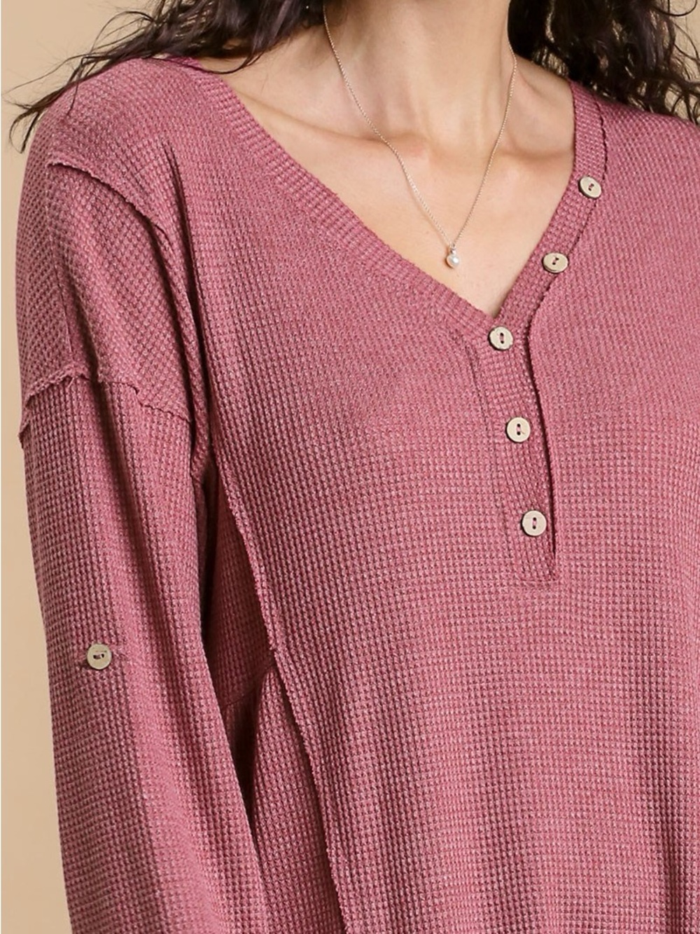 Umgee Waffle Henley Top in Mauve Pink